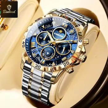 BINBOND Мужские часы Молодежная мода Оригинальные кварцевые часы для мужчин Водонепроницаемые светящиеся повседневные наручные часы с хронографом и фазами Луны чёрный/серебряный