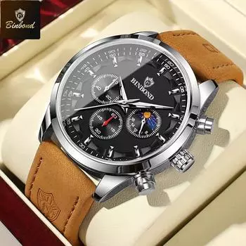 BINBOND Мужские наручные часы класса люкс, деловые, водонепроницаемые, светящиеся, мужские часы для мужчин, кварцевые, кожаные, мужские часы серебряный/чёрный
