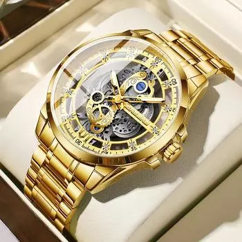 BINBOND New Men s Watch Authentic Luxury Trendy Hollow Out Luminous Waterproof Stainless Steel/Leather Strap Metal Quartz Watch Leather Strap золотой/чёрный