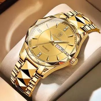 BINBOND Rhombic Three Dimensional Design Stainless Steel Luminous Watches Fashion Quartz Watch Ultra Thin Diamond Business Gold Watches синий