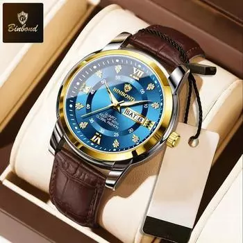 BINBOND Роскошные деловые мужские часы Водонепроницаемые светящиеся наручные часы с календарем и датой из кожи Спортивные мужские кварцевые часы золотой/синий