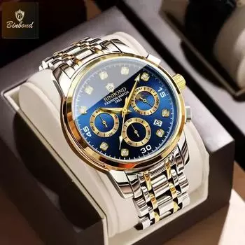BINBOND Роскошные кварцевые часы для мужчин, хронограф с фазами Луны, светящиеся, водонепроницаемые, классические деловые мужские наручные часы из нержавеющей стали серебряный/синий