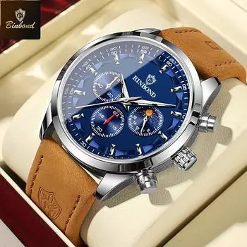 BINBOND Роскошные мужские кварцевые часы, водонепроницаемые, светящиеся, хронограф, кожаные, мужские наручные часы, военные, спортивные, мужские часы чёрный/серебряный