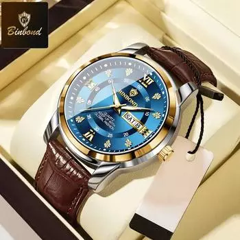 BINBOND Роскошные мужские наручные часы Водонепроницаемые светящиеся кожаные часы с датой и неделей для мужчин Спортивные кварцевые мужские часы для мужчин синий/золотой