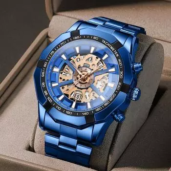 BINBOND Skeleton Hollow Non Mechanical Watch Waterproof Luminous Multifunctional Watches Blue Men s Wristwatch золотой/чёрный