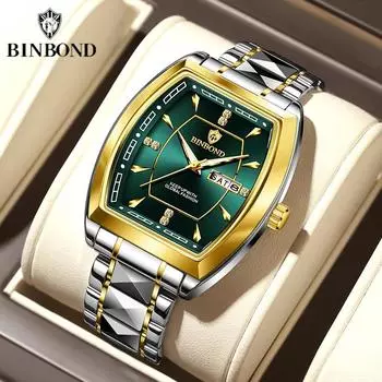 BINBOND Tonneau Dial Quartz Watches For Men Luxury Diamond Elegant Stainless Steel Waterproof Luminous TOP Brand Men Wristwatch серебряный/синий