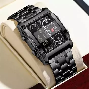 BINBOND Top Brand Luxury Watches for Men Fashion Quartz Wristwatch Square Gold Stainless Steel Business Clock синий/серебряный