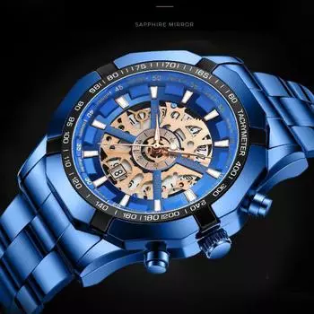 BINBOND Waterproof Luminous Multifunctional Watches Blue Men s Wristwatch Skeleton Hollow Non Mechanical Watch чёрный/золотой