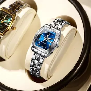 BINBOND Women Watches Business Luxury Ladies Fashion Quartz Watch Wine Barrel Shaped Stainless Steel Waterproof Luminous Watches серебряный/синий