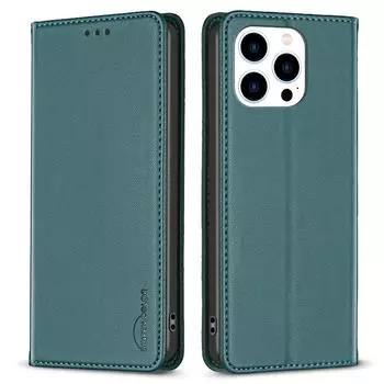 BINFEN COLOR BF18 For iPhone 13 Pro 6.1 inch PU Leather Phone Case Card Slots Folding Stand Cover Green