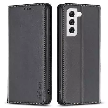 BINFEN COLOR BF18 For Samsung Galaxy S22 5G PU Leather Card Slot Cover Shockproof Stand Phone Case Black