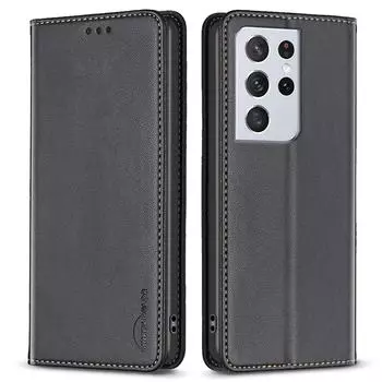 BINFEN COLOR BF18 Leather Phone Case for Samsung Galaxy S21 Ultra 5G Phone Cover with Stand Card Holder Black