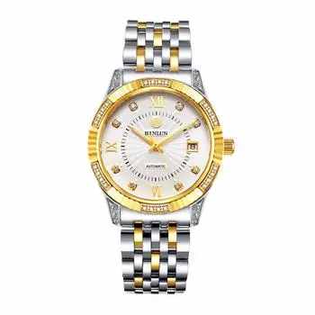 BINLUN автоматические механические часы светящийся дисплей даты бриллиант роскошные часы простые элегантные стильные часы мужские мужские (Серебряный)