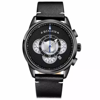 BINLUN кварцевые часы хронограф дата дисплей многофункциональные часы 30M водонепроницаемые черные натуральная кожа часы мужские [Товар]