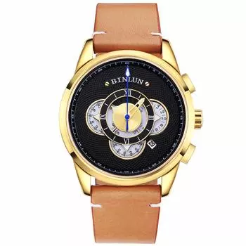 BINLUN кварцевые часы хронограф дата дисплей многофункциональные часы 30M водонепроницаемые золотые натуральная кожа часы мужские [Товар]