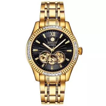 BINLUN золотые автоматические часы золотые механические скелетонированные деловые часы водонепроницаемые аналоговые часы из нержавеющей стали класса люкс для мужчин мужские [Товар]