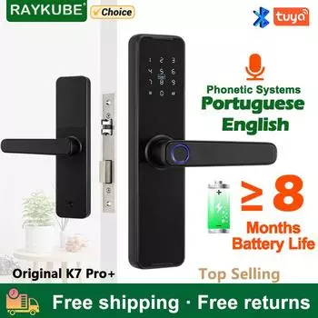 Биометрический дверной замок RAYKUBE со сканером отпечатков пальцев K7 Pro+ Smart Lock Приложение Tuya Дистанционная разблокировка Бесключевой замок Электронный дверной замок Black