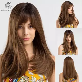 BIONDE UNICORN Натуральные волосы Ombre Коричневый синтетический длинный прямой парик для женщин ежедневного использования термостойкие парики с челкой 22 Inch коричневый