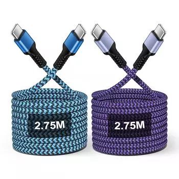 Bioonis [Комплект из 2 шт.] Кабель USB-C и USB-C 2,75 м, синий/фиолетовый Оригинальный кабель для зарядки типа C Поддерживает быструю зарядку PD30W Кабель Type C - C Кабель PD