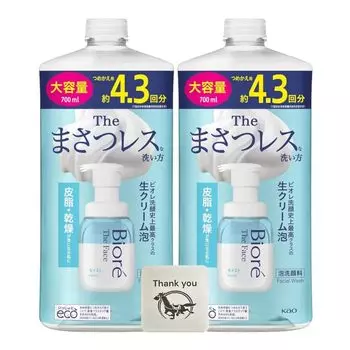 Biore The Face Пенящееся очищающее средство для лица Увлажняющее и высушивающее кожу Сменный блок Большая емкость 700 мл Набор из 2 шт. Оригинальный логотип Kunutonn Бонус в комплекте Без Masatsu + белый