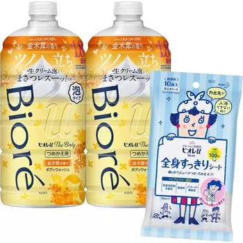 Biore U The Body Foam type с ароматом османтуса Сменный блок 780 мл x 2 шт. Освежающие салфетки для всего тела 10 шт. Мыло для тела с ароматом османтуса + белый