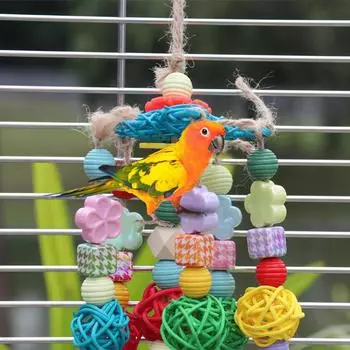Bird Block Knots Tearing Toy Wooden Bird Toy With Colorful Acrylic Beads Solid Wood Blocks Adjustable Ropes Hooks For Cockatoos