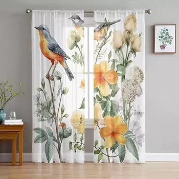 Bird Flowers Leaves Branches Nostalgic Sheer Curtains Modern Gauze Curtain for Living Room Bedroom Voile Yarn Curtains W135 x H114cm