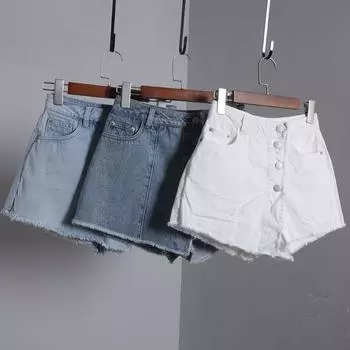 Bird s Raw Edge Female Summer High Waist Anti-Emptied Pantskirt White four-button L