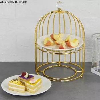 Birdcage Double Layer Cake Stand Wrought Iron Display Stand Ceramics Three-tier Fruit Tray Afternoon Tea Dessert Decorative Rack