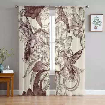 Birds Flowers Sheer Curtains for Living Room Transparent Tulle Window Treatments Bedroom Kitchen Home Decor Veil Drapes 135W x 114H(cm)