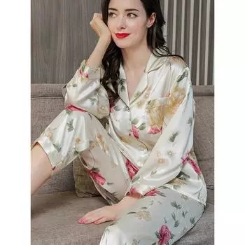Birdtree Осенний шелковый пижамный комплект из шелка Mulberry, женский атласный пижамный костюм с принтом, длинный рукав, комплект для сна в спальню M