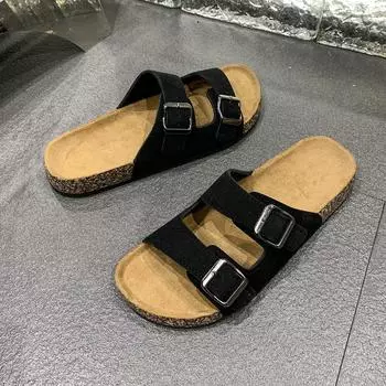 Birkenstock large size men s and women s cool slippers summer outdoor wooden bottom slippers retro leather beach men s and women s slippers 36