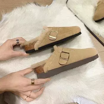 Birkenstocks 2025 новые ретро туфли с одной педалью ленивые туфли на толстой подошве пушистые тапочки женская верхняя одежда 35 хаки