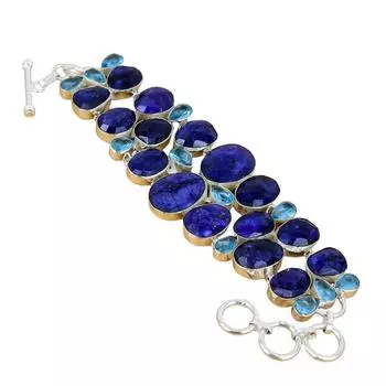 Бирманский синий сапфир, голубой топаз, драгоценный камень, браслет ручной работы из стерлингового серебра 925 пробы, браслет с штампованным драгоценным камнем сапфиром 925 пробы 7 синий