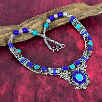 Бирюза, драгоценный камень лазурит, ожерелье из стерлингового серебра 925 пробы, старинное ожерелье в богемском стиле, ювелирные изделия ручной работы, непальское ожерелье в подарок сестре 18 Inches синий