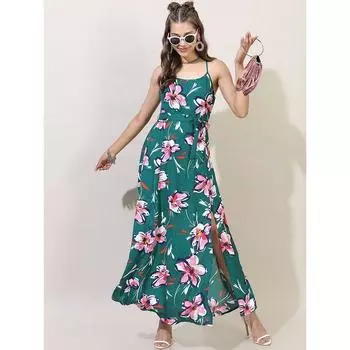 Бирюзово-зелено-розовое платье-макси трапециевидной формы с цветочным принтом S
