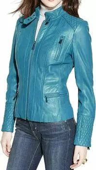 Бирюзовое дизайнерское пальто классическое женское из натуральной кожи ягненка куртка байкерская облегающая L бирюзовый