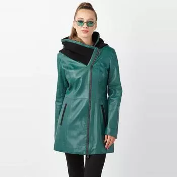 Бирюзовое женское пальто из натуральной кожи