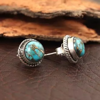 Бирюзовые серьги-гвоздики, Серьги из стерлингового серебра 925 пробы, Голубые бирюзовые круглые гвоздики 8x8 мм, Бирюзовые серьги, Гвоздики, Подарок для нее, Ручная работа 8MM*8MM синий