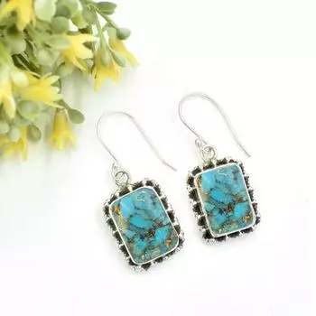 Бирюзовые серьги - Серьги из цельного серебра 925 пробы - Серьги из бирюзы Mohave