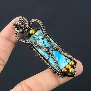 Бирюзовый драгоценный камень из чистой медной проволоки, обернутый подвеской ручной работы, ювелирное изделие для подарка 2.99 Inches синий