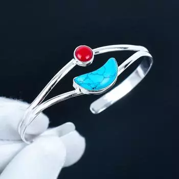 Бирюзовый драгоценный камень Ручная работа Манжета-браслет 925 Стерлинговое серебро Манжета-браслет, Браслет с красным кораллом для жены, Унисекс браслет, Подарок на Рождество 7 синий