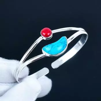 Бирюзовый драгоценный камень Ручная работа Манжета-браслет 925 стерлинговое серебро Манжета-браслет, Браслет с красным кораллом для жены, Унисекс браслет, Подарок для вечеринки 7 синий