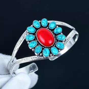 Бирюзовый драгоценный камень Ручная работа Манжета-браслет 925 стерлинговое серебро Манжета-браслет, Браслет в форме цветка из красного коралла для жены, Унисекс браслет 7 красный