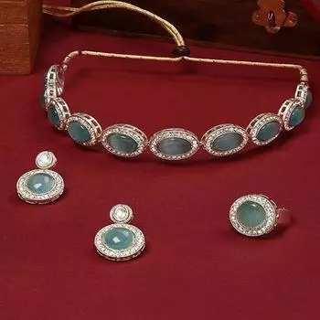 Бирюзовый кошачий глаз, австрийские бриллианты, ожерелье, серьги, кольцо, набор для женщин