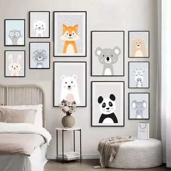 Бирюзовый медведь, слон, лев, детский постер, животное, настенное искусство, холст, украшение для детской комнаты, картина с принтом для детской, живопись, скандинавский ребенок 21x30cm No Framed