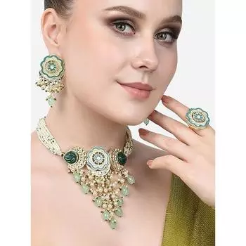 Бирюзовый, синий и зеленый Meenakari, каскадные бусины-водопад, ожерелье, серьги и кольца, набор для женщин