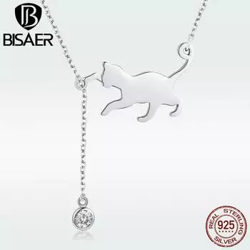 BISAER 100% стерлингового серебра 925 пробы игривый кот цепочка для домашних животных кулон ожерелье для женщин Элитный бренд