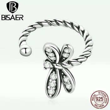 BISAER 1 шт. стерлингового серебра 925 пробы Винтаж изысканный зажим для ушей в виде стрекозы для женщин ювелирные изделия 925 silver