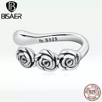 BISAER 1 шт. винтажные штабелируемые манжеты для ушей в виде розы, настоящее серебро 925 пробы, зажим для ушей в стиле ретро с цветами для женщин, ювелирные изделия, свадебный подарок 925 silver